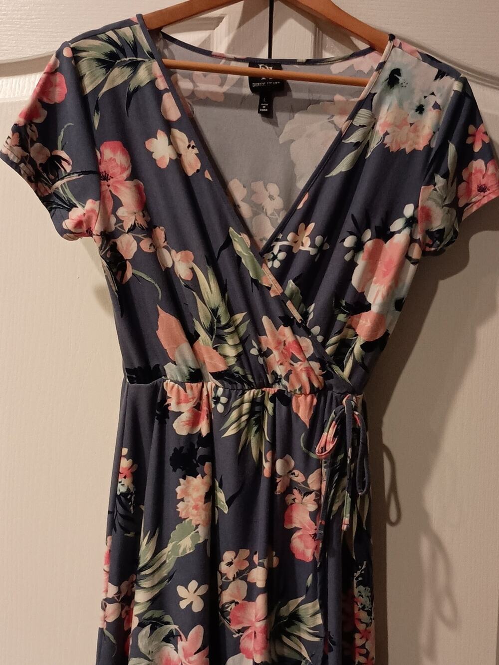 Floral Wrap-Style Navy Maxi Dress with Pink Blooms